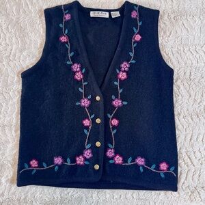 Vintage 90s D.R.V.S.  Wool Embroidered Vest Black Purple Floral Gold Buttons